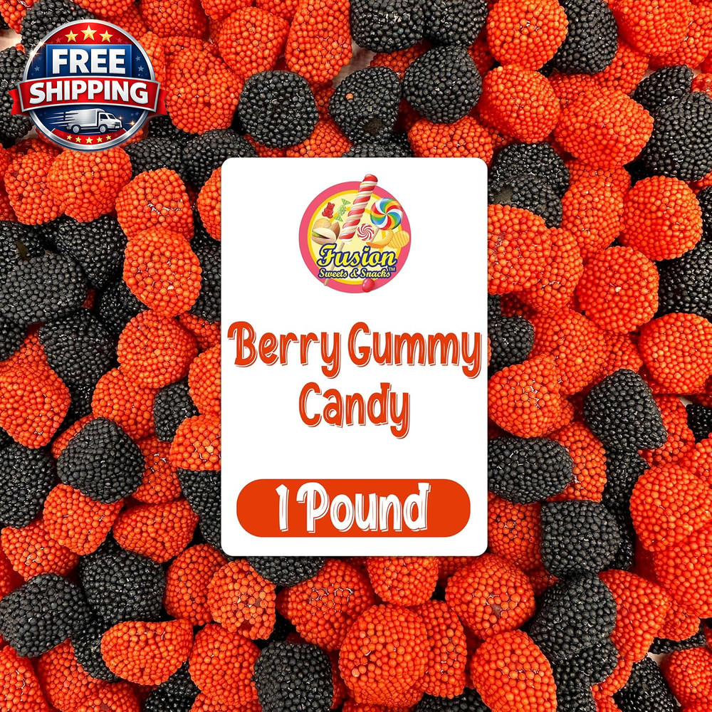 Berries Gummy Candy – 1 Pound Bulk Bag, Crunchy Red and Black Candy – Raspberry
