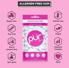 PUR Xylitol Chewing Gum POMEGRANATE MINT (55 Pieces, 12 Pack) Sugarless Vegan