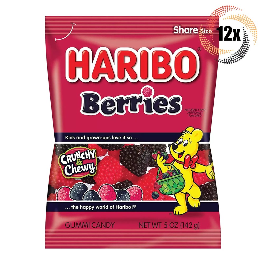 Full Box 12x Bags Haribo Berries Flavor Gummi Candy Peg Bags, Share Size – 5oz