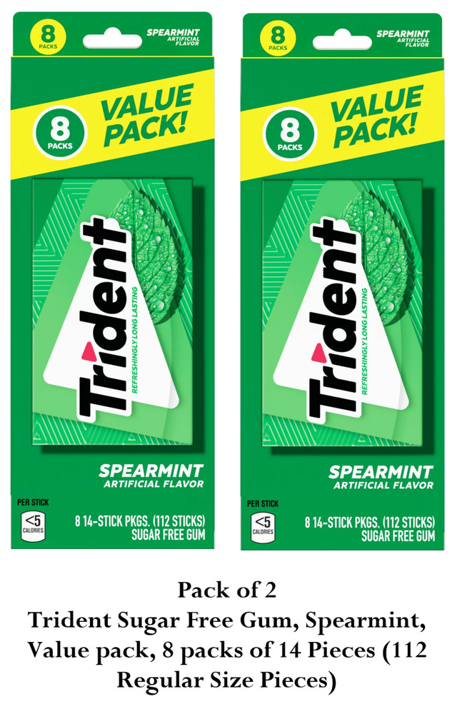 Trident Sugar Free Gum, Spearmint, Value pack 16 packs of 14 Pieces(112 Regular)