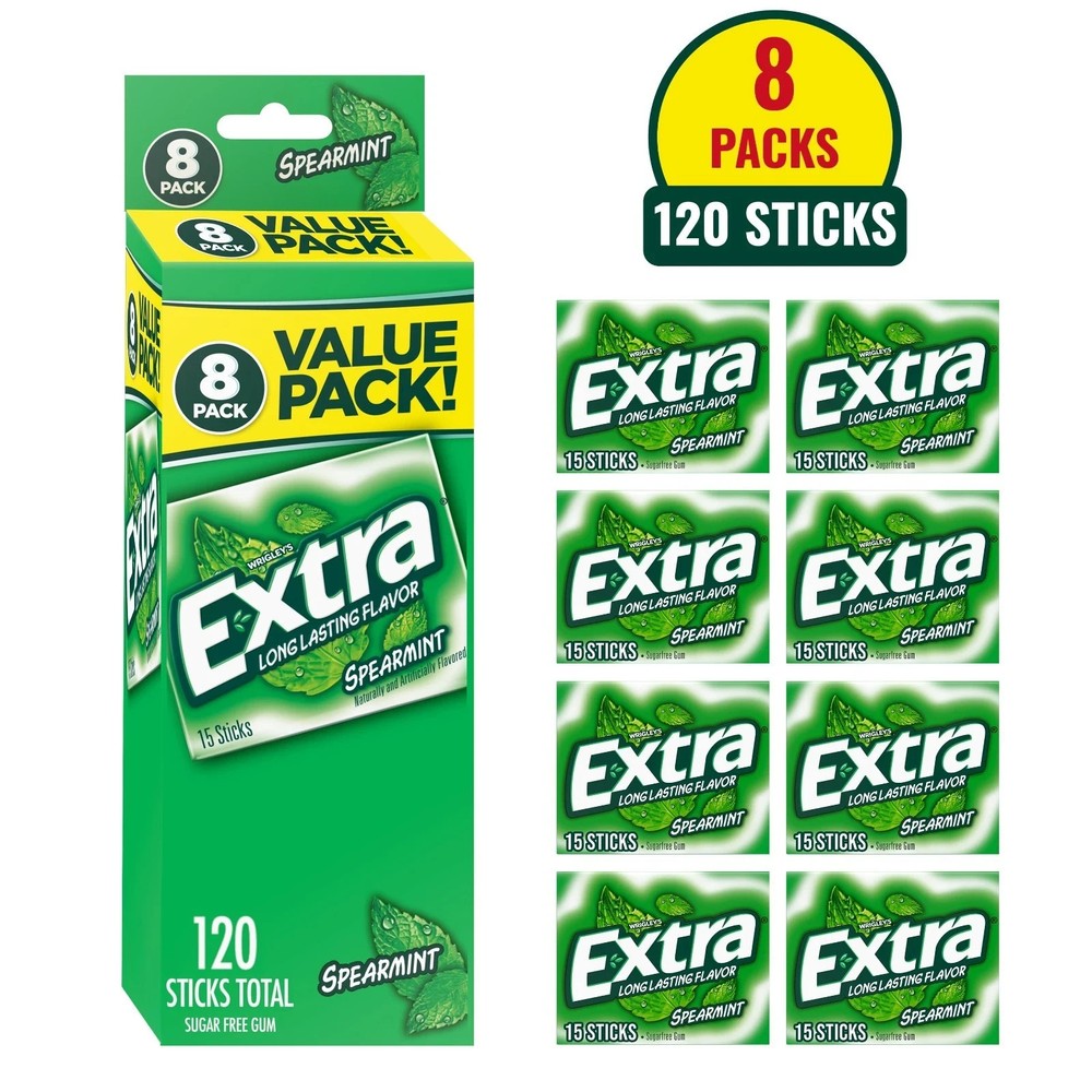 Extra Spearmint Sugar Free Gum Back To School Chewing Gum, 8 Pack.