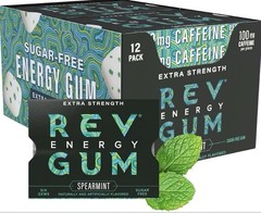 Rev Energy Gum 100mg of Caffeine – Sugar Free Spearmint, 12 Pack 72 Pieces Total
