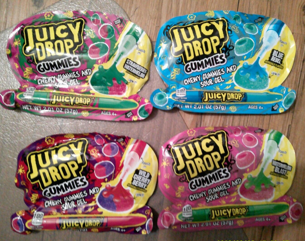 4 NEW Juicy Drop Gummies chewy candy & sour gel strawberry watermelon cherry blu