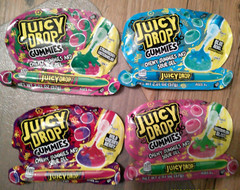 4 NEW Juicy Drop Gummies chewy candy & sour gel strawberry watermelon cherry blu