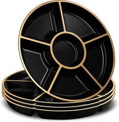 4X 6 Sectional Round Plastic Serving Tray/Platters Black & Gold Pack of 4