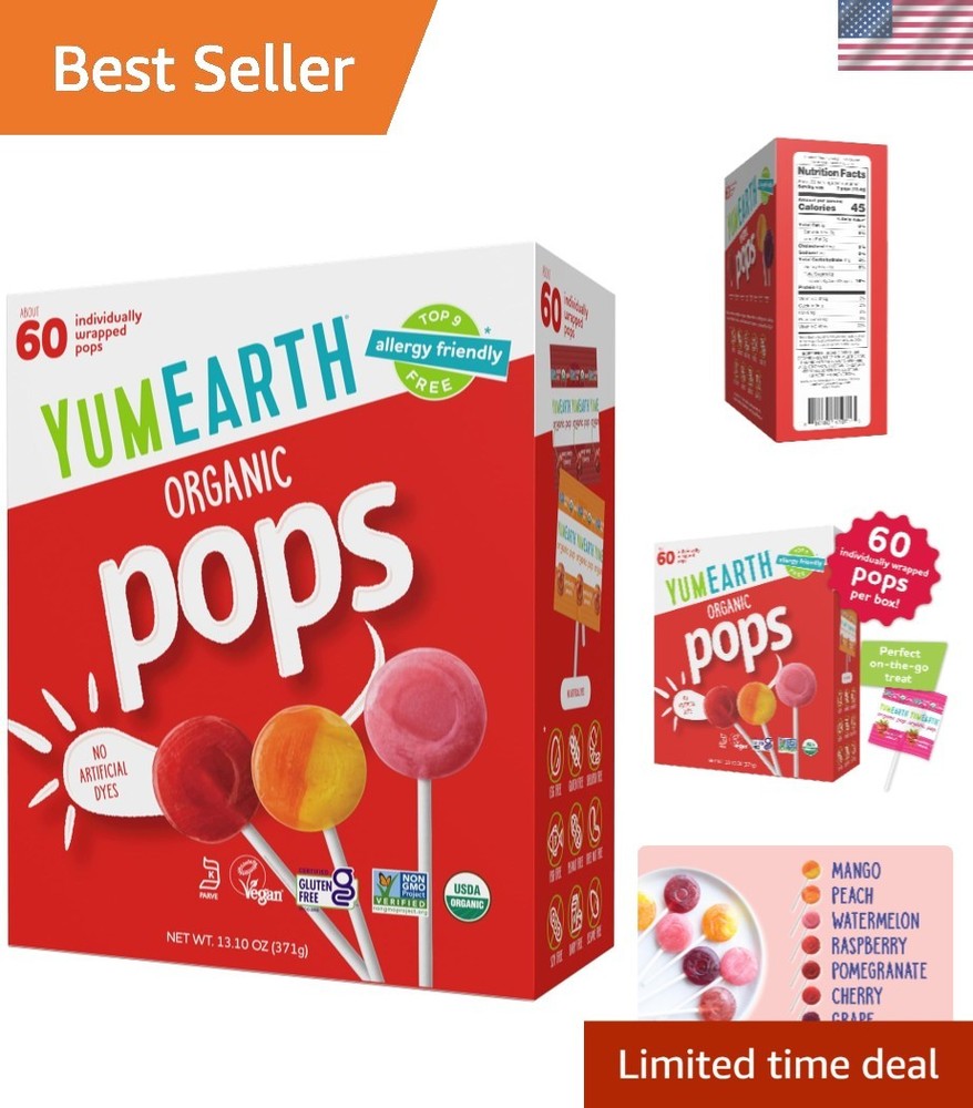YumEarth Organic Pops Variety Pack, 60 Fruit Flavored Favorites Lollipops, Al…