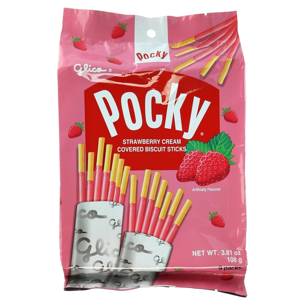 Glico Pocky, Strawberry Cream Covered Biscuit Sticks (9 Individual Bags) 3.81 oz