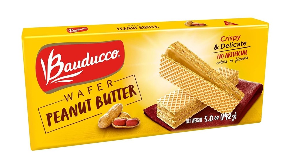 Bauducco Crispy Peanut Butter Wafer Cookies with creamy layers, 5oz snack.
