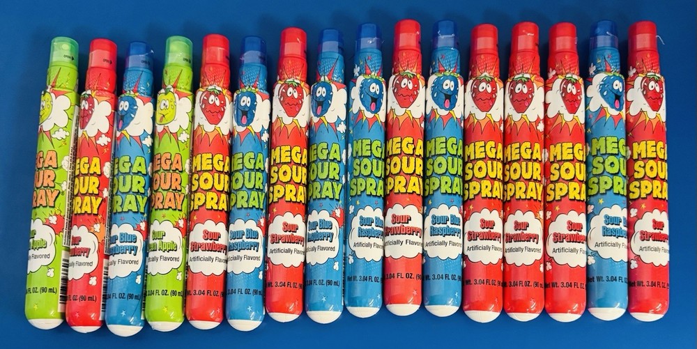 (16) Mega Sour Spray Candy 3.04oz Assorted Flavors Bulk Lot BB: 01/2027