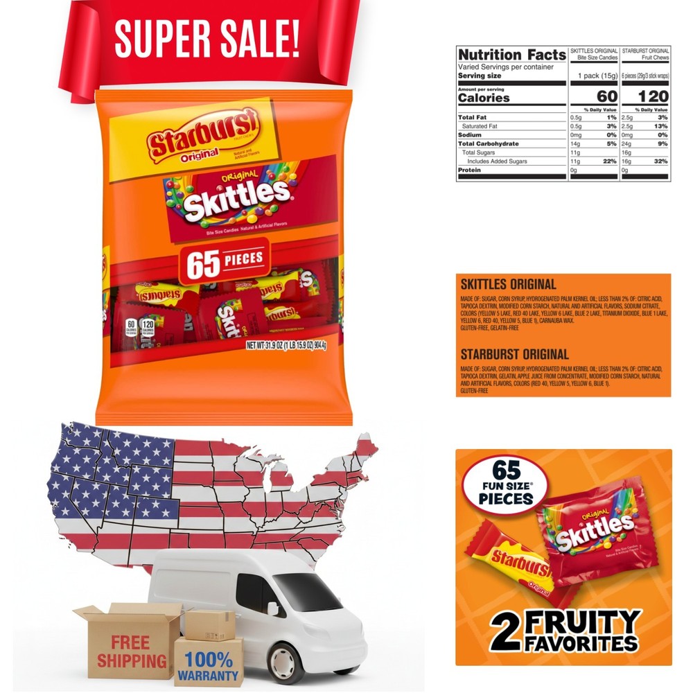 SKITTLES & STARBURST Fun Size Variety Mix 31.9-Oz – 65 Piece Gluten-Free Treats