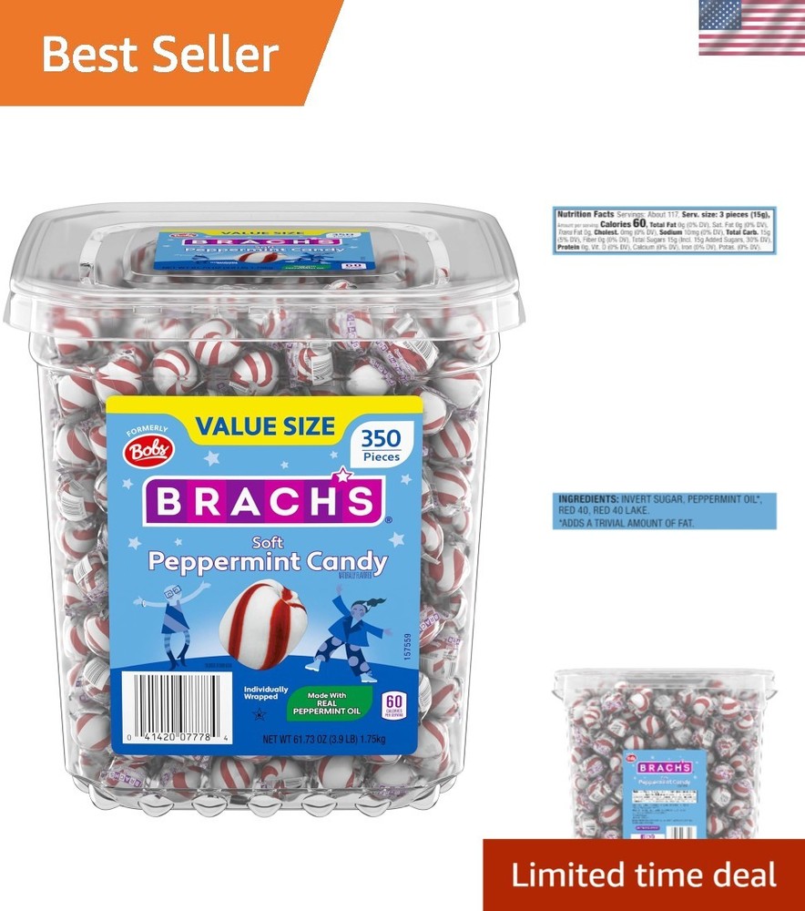 Bob’s Sweet Stripes Soft Peppermint Candy, 3.9 lb Tub (350 Individually Wrapped)