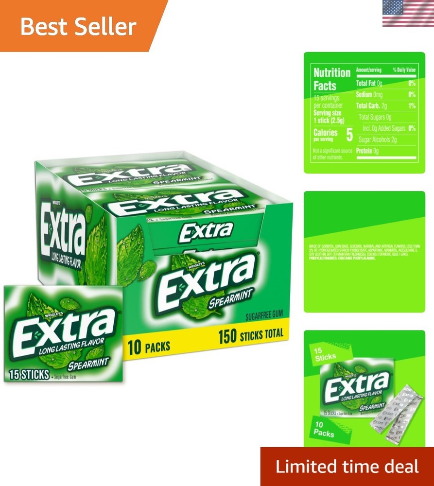 10 Packs of Sugar-Free Spearmint Gum – 150 Individual Sticks for Fresh Breath