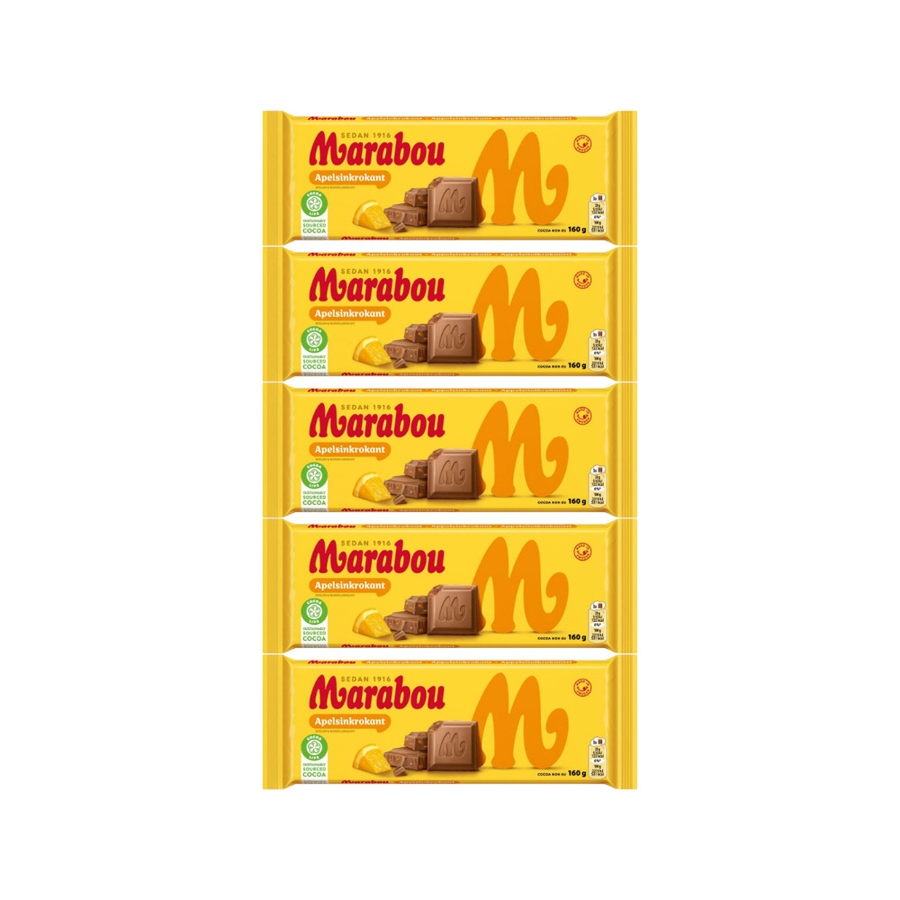 5x Marabou Apelsinkrokant 160g Milk Chocolate with Orange and Almond Crunch