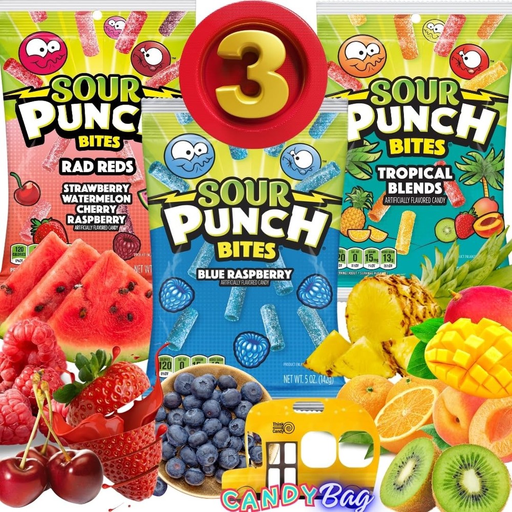 (PACK OF 3) Sour Punch Bites Straws 5oz Each Bag – Unique 5 Ounce (Pack of