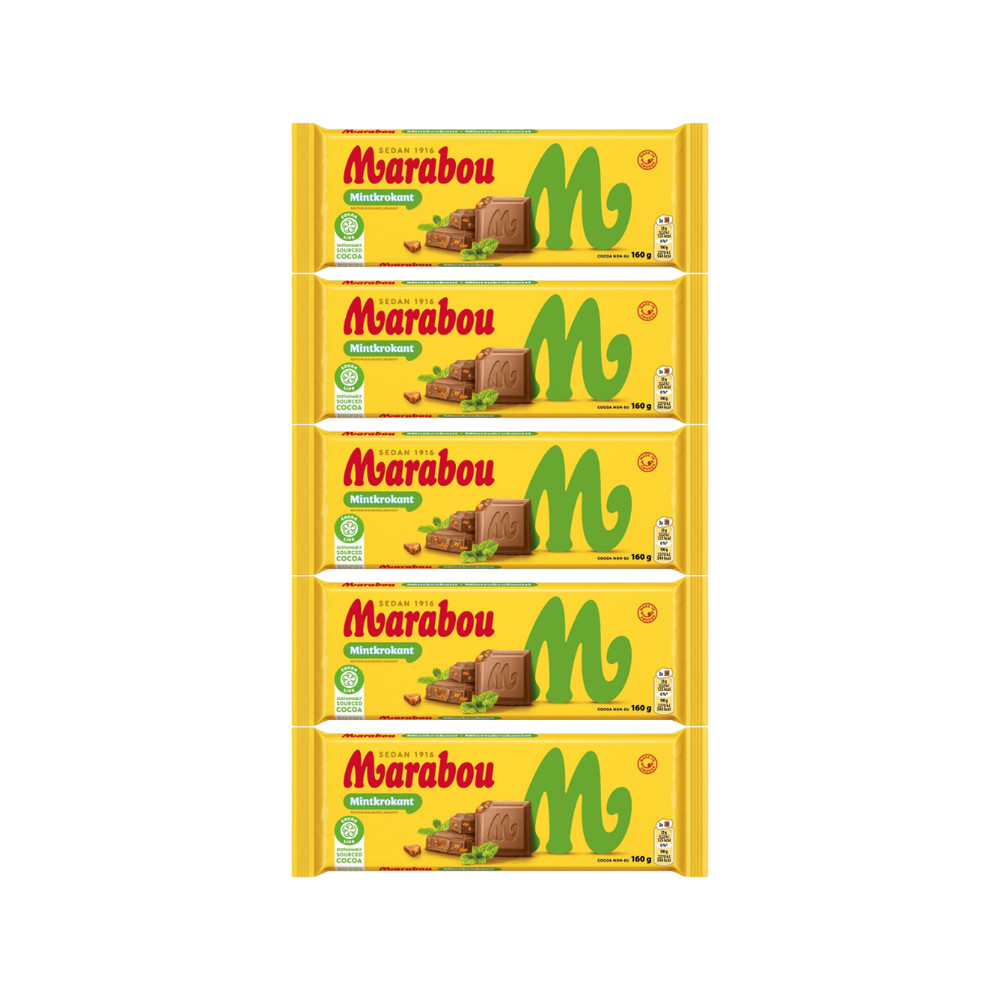 5 x Marabou Mintkrokant 160g – Milk Chocolate with Mint & Almond Crunch