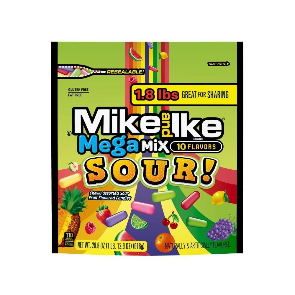 Mike and Ike Mega Mix Sour Gummy Candy 28.8oz – 10 Flavor Fruity Adventure