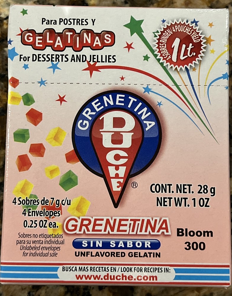 2 Grenetina DUCHE 28 Gramos. Sin Sabor. Unflavored Powder. 4 Packages 7grams ea.