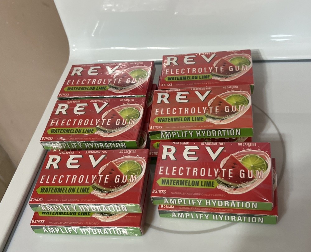 12 Packs REV ELECTROLYTE Gum, 8 Sticks Each, WATERMELON LIME 6/2027