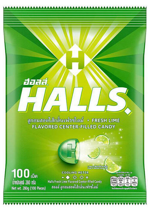 HALLS Fruit Spark Center Filled Candy Fresh Lime Flavored Candy 100 Pieces 280g.