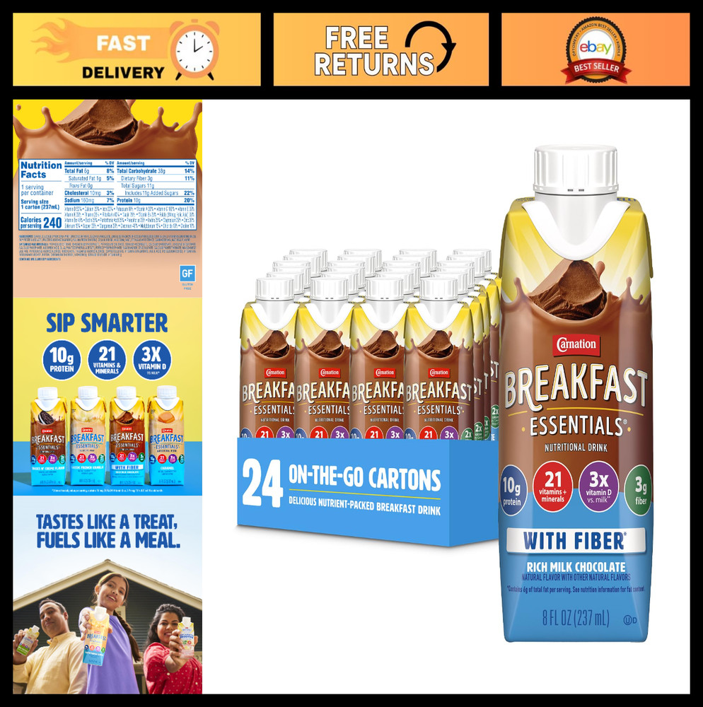 Ready to Drink Breakfast Essentials with Fiber, Rich Chocolate, 8oz Carton – 24