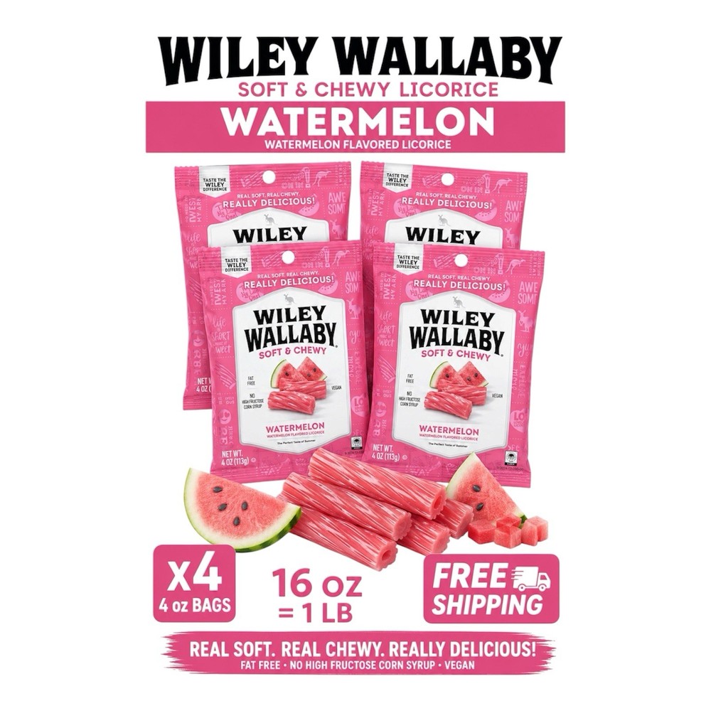 (X4) – 4 oz Wiley Wallaby Watermelon – Soft & Chewy Licorice – 1LB Of Candy!