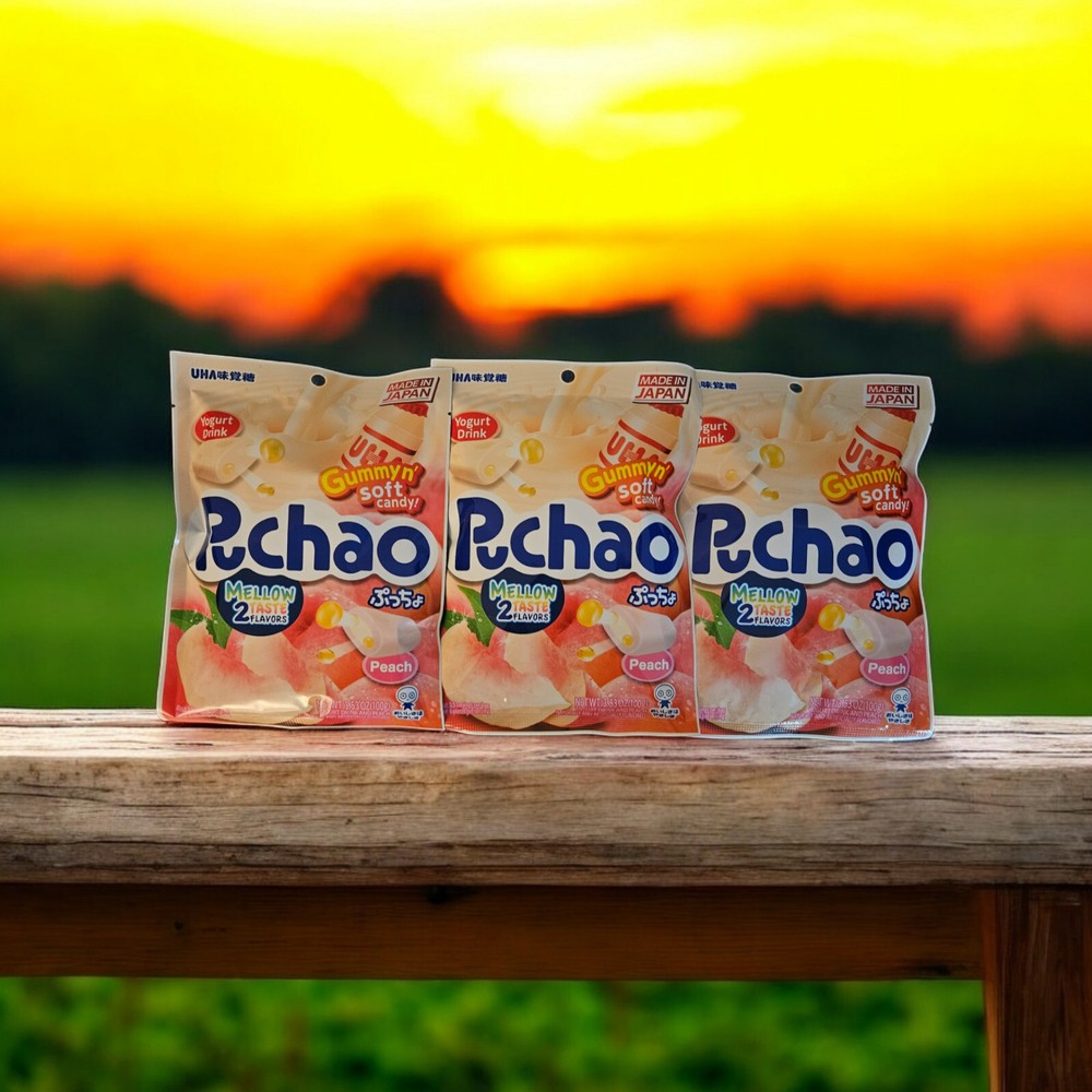 UHA Mikakuto Japan Puchao Chewy Candy: Yogurt & Peach 3.53oz – Pack of Three (3)
