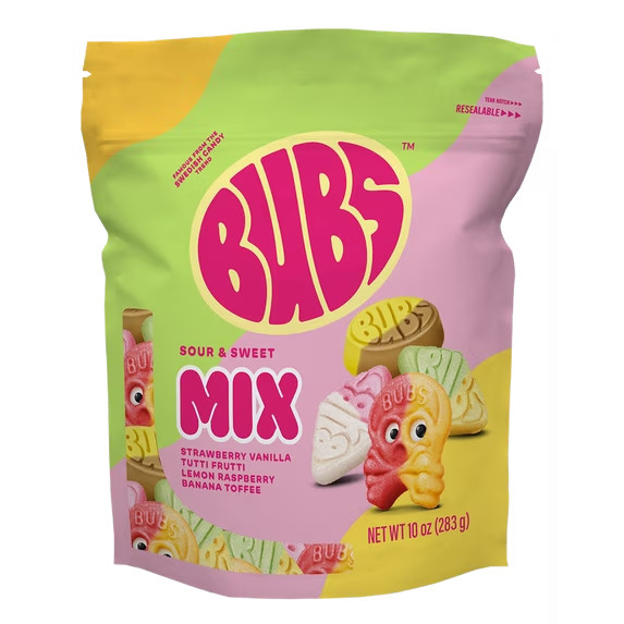 BUBS Sour & Sweet Swedish Candy Mix Strawberry Vanilla, Tutti Frutti, Lemon 10oz
