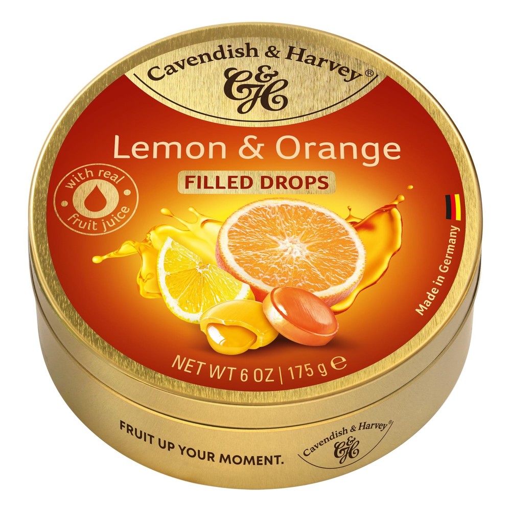 | Lemon & Orange Filled Hard Candy Drops | 175g 6 ounce Tin