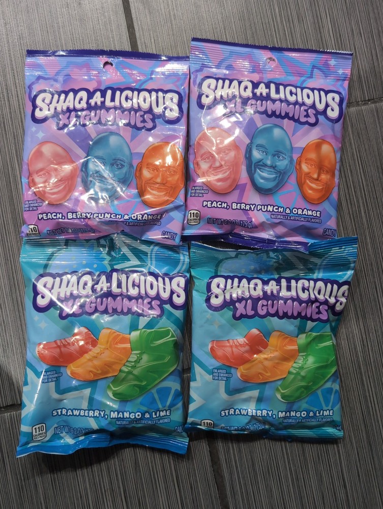 Variety 4 Pack Shaq-A-Licious XL Gummies 6.2 oz Peach Berry Lime Mango BB 8/26+
