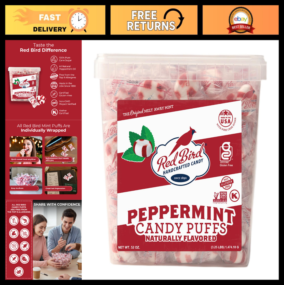 Soft Peppermint Puffs Candy – Individually Wrapped Mints, 52 oz Tub, Sweet Treat