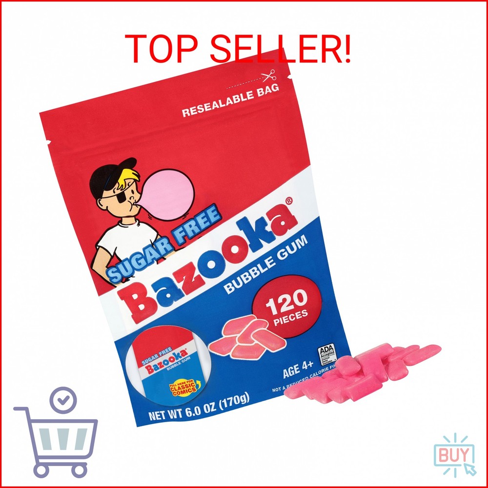 Bazooka Bubble Gum Sugar-Free Chewing Gum Pellets, Bulk Gum in Resealable Bag, 1