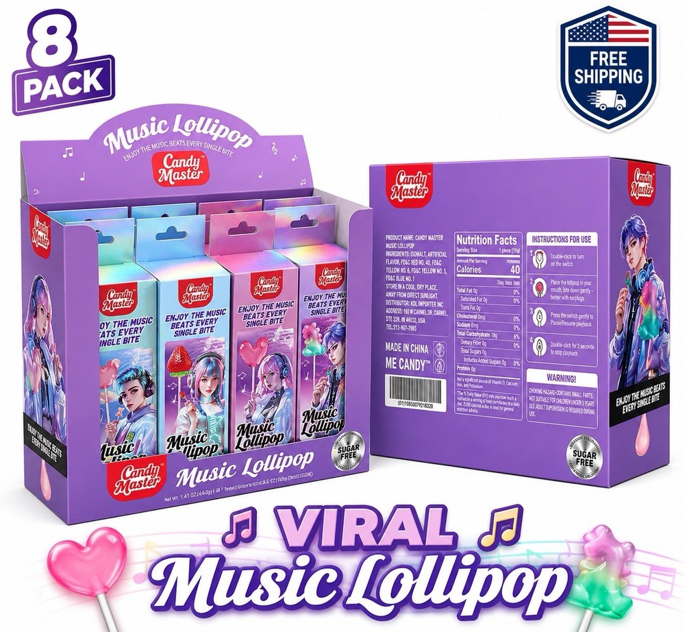 Viral Music Lollipop Candy Master Sugar Free Assorted Flavors 8 Pack Display