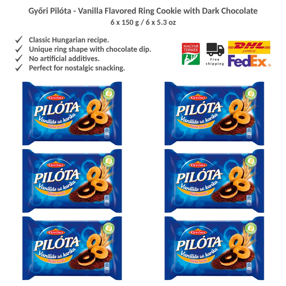 Original Győri Pilóta Vanilla Flavored Ring Cookie Dipped Dark Chocolate 150gx6