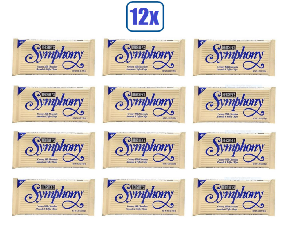 Full Box 12x Bars Hershey’s Symphony Almonds & Toffee Bar XL Size Candy – 4.25oz