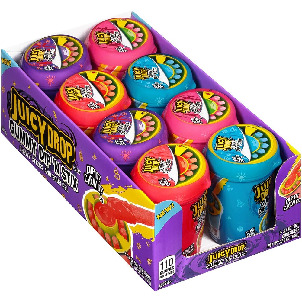 Juicy Drop Gummy Dip ‘N Stix, Sweet Gummy Sticks w Sour Dipping Gel, 8 Pack
