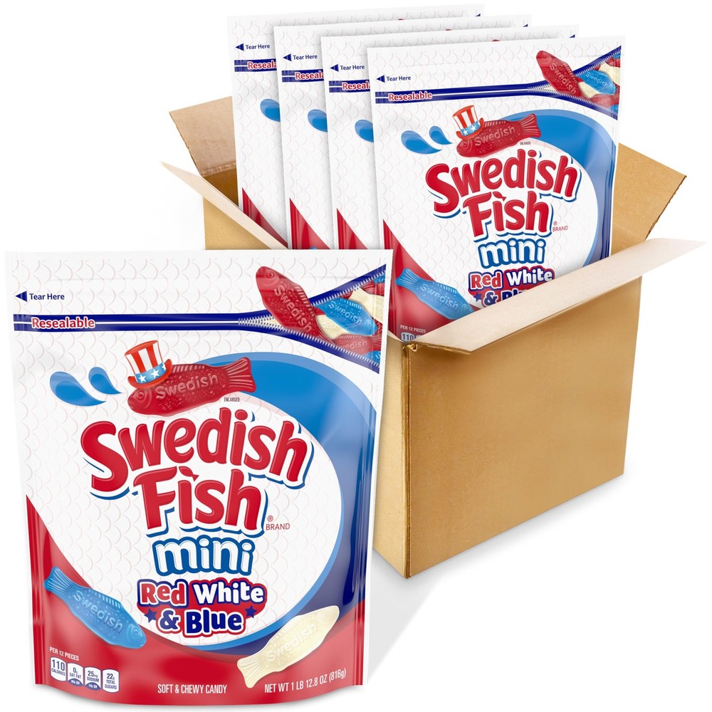 SWEDISH FISH Mini Red, White & Blue Soft & 28 oz (Pack of 4), Blue,Red,White