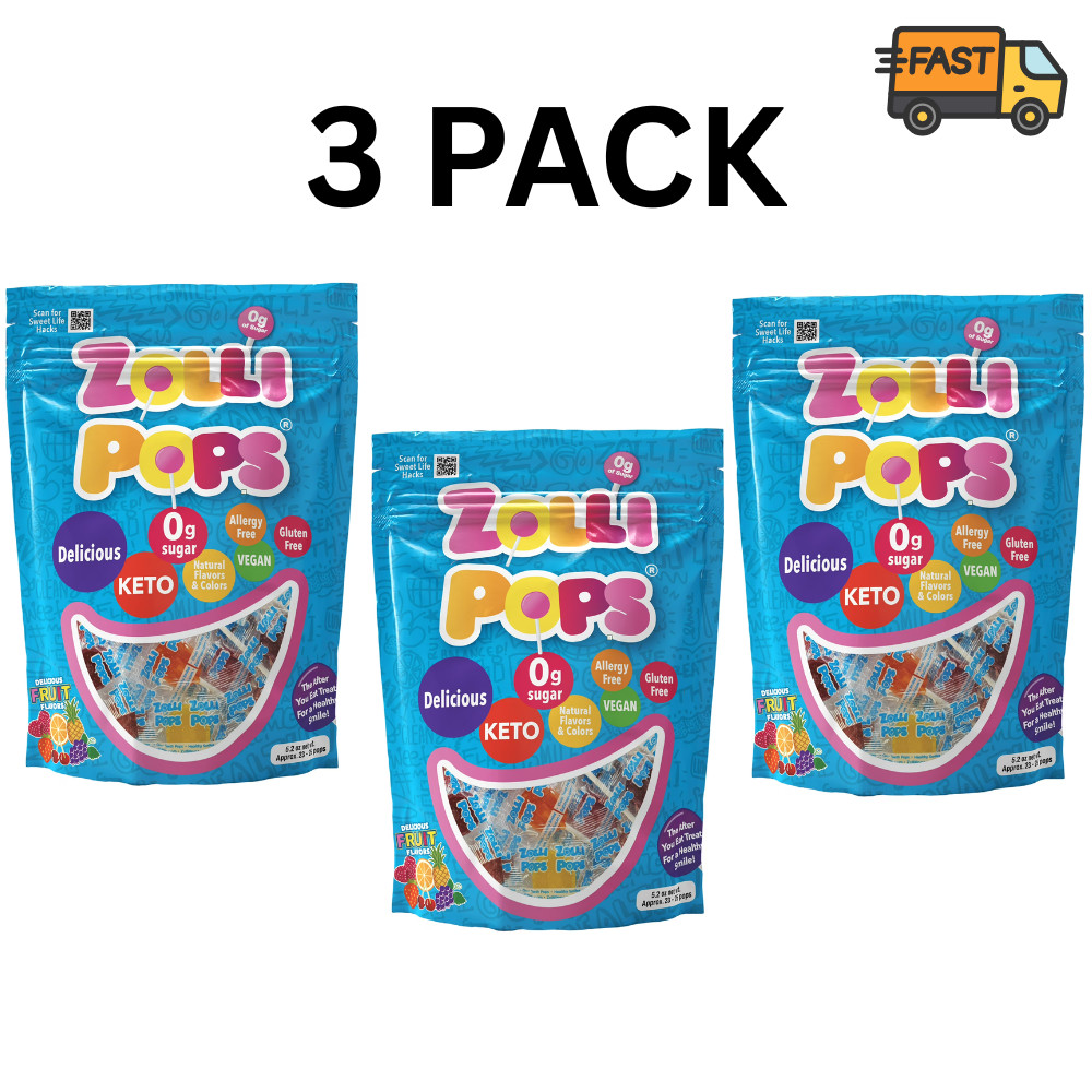 ZOLLIPOPS Sugar Free Lollipops Healthy Candy Allergen Free Fruit Flavors 3 Pack