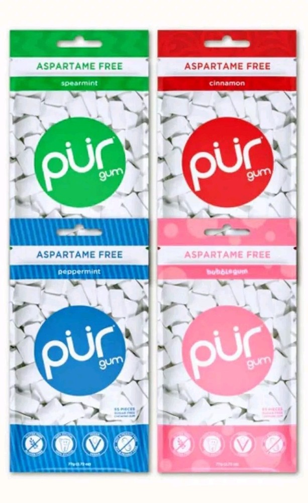 PUR Xylitol Chewing Gum (4 Pack) Peppermint Spearmint Cinnamon Bubblegum – Vegan