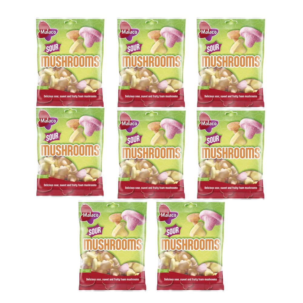 8 x Malaco Sour Mushrooms 100g – Swedish Fruity Foam Candy with Tangy Twist 🍄🍬
