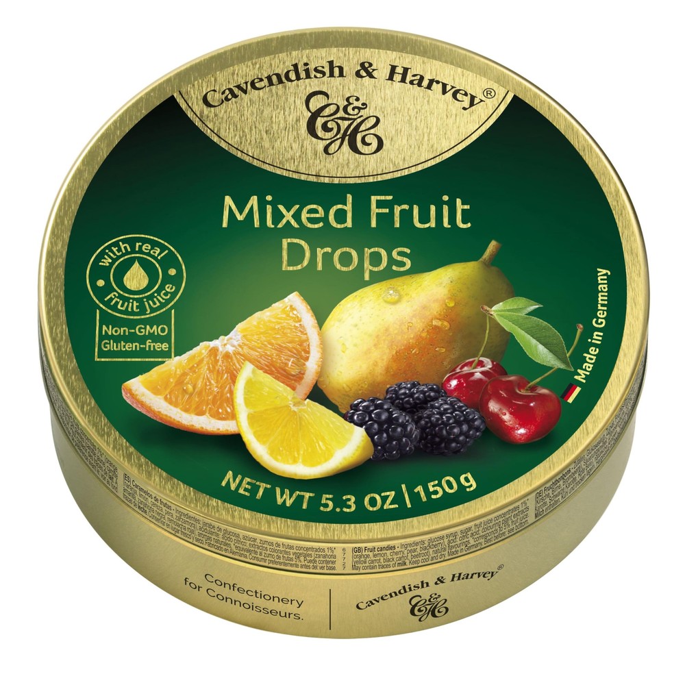 Cavendish Harvey Mixed Fruit Drops 3.5 Ounce Premium Candy in Gold Tin