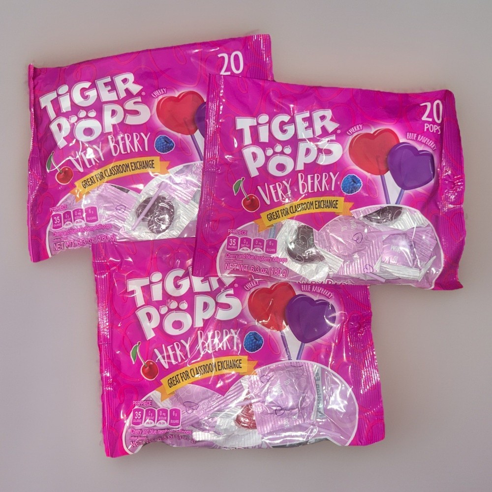 3 Bags Tiger Pops VERY BERRY Cherry + Blue Raspberry Heart Lollipops 20 Suckers