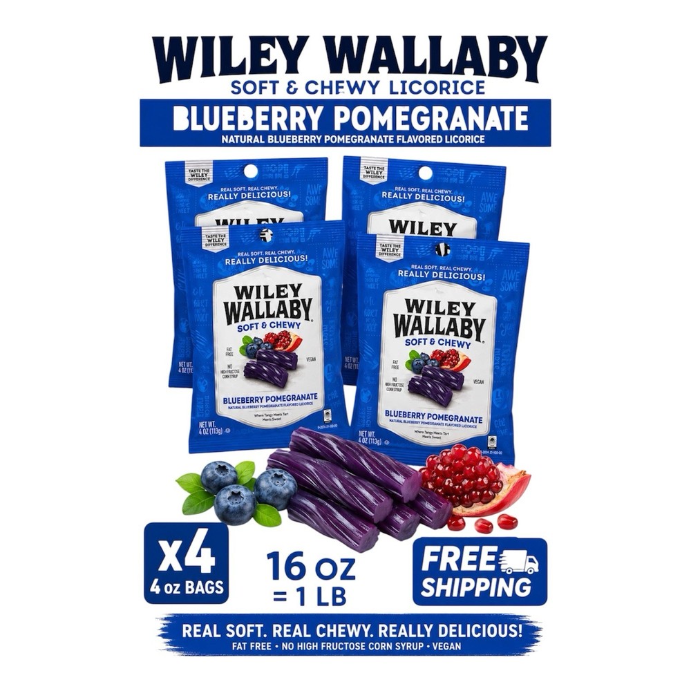 (X4) – 4 oz Wiley Wallaby Blue Pom. – Soft & Chewy Licorice – 1LB Of Candy!