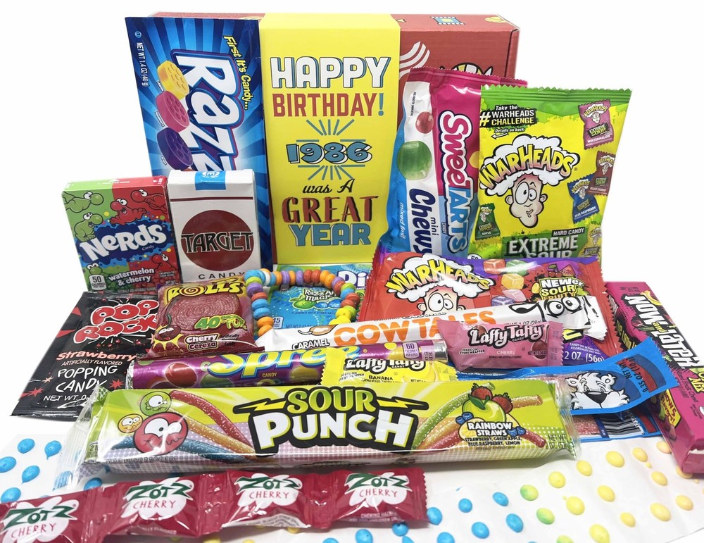 1986 Retro Childhood Candy Gift Basket Box Assortment for 40th Birthday Man o…