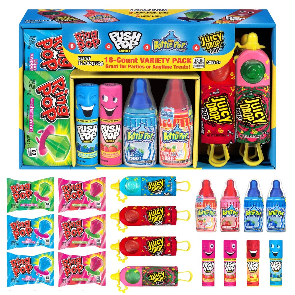 Candy Variety Pack 18 Count Assorted Lollipops Ring Pop Push Pop Baby Bottle Pop