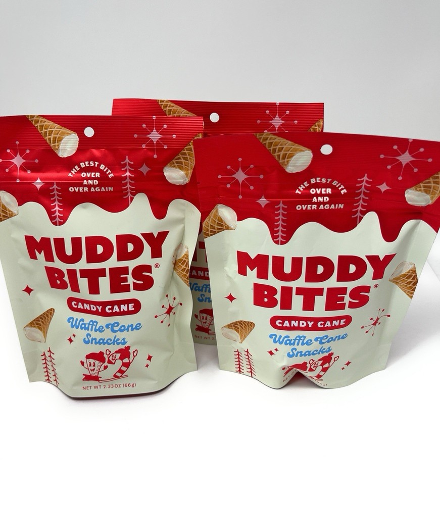Muddy Bites Candy Cane Waffle Cone Snacks Limited Edition Lot of 3