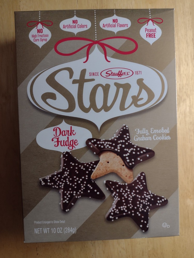 New- Stauffers Dark Fudge Stars Fully Enrobed Graham Cookies 10 oz. Box (1 Box)