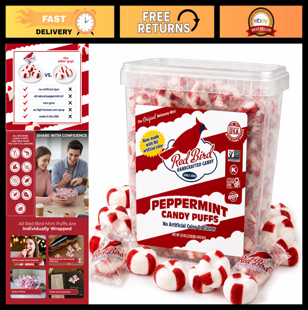 Soft Peppermint Puffs Candy – Gluten-Free, No Artificial Dyes, 52 oz Tub for Gif