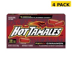 4 Pack Hot Tamales Fierce Cinnamon Chewy Candy Bean Shape 4.25 oz (4) Boxes
