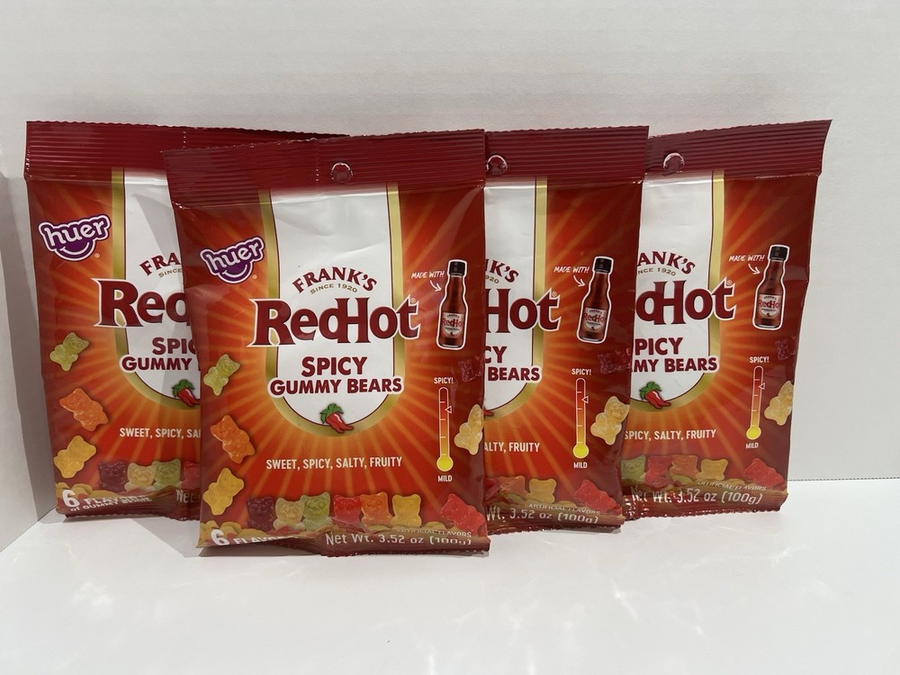 (4) Frank’s Red Hot Spicy Gummy Bears by Huer Limited Edition 3.52oz BB 12/2026