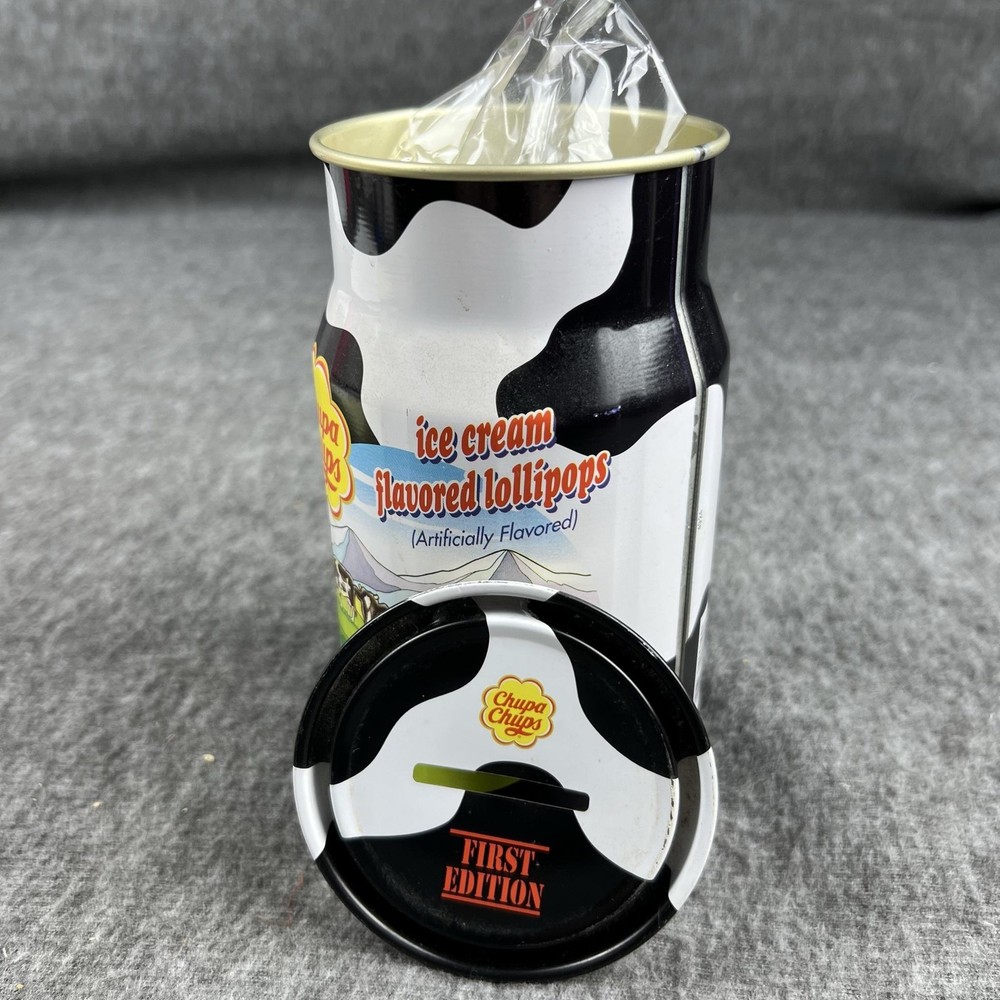 Chupa Chups Ice Cream Flavored Lollipops First Edition Novelty Cow Print Can Jar